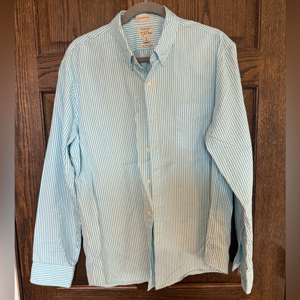 J. Crew Turquoise Blue and White Striped Cotton Button-Down Shirt Slim Large